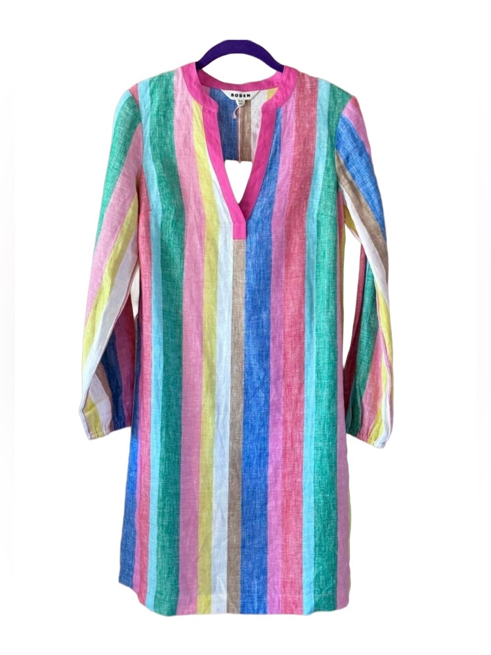 Boden Cleo Linen Tie Waist Dress Rainbow Stripe Long Sleeve Women’s 4R NWT